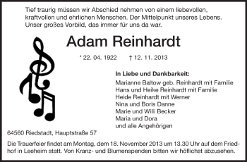 Traueranzeige von Adam Reinhardt von Echo-Zeitungen (Gesamtausgabe)