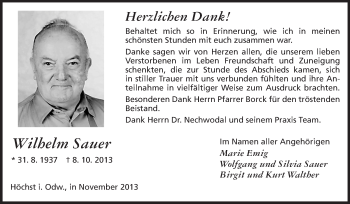 Traueranzeige von Wilhelm Sauer von Echo-Zeitungen (Gesamtausgabe)