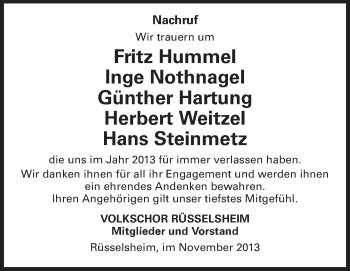 Traueranzeige von Volkschor Rüsselsheim trauert von Rüsselsheimer Echo, Groß-Gerauer-Echo, Ried Echo