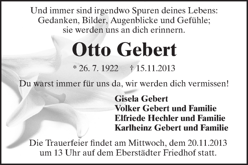  Traueranzeige für Otto Gebert vom 18.11.2013 aus Echo-Zeitungen (Gesamtausgabe)