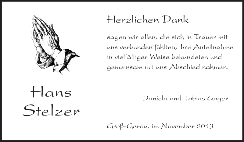  Traueranzeige für Hans Stelzer vom 23.11.2013 aus Rüsselsheimer Echo, Groß-Gerauer-Echo, Ried Echo