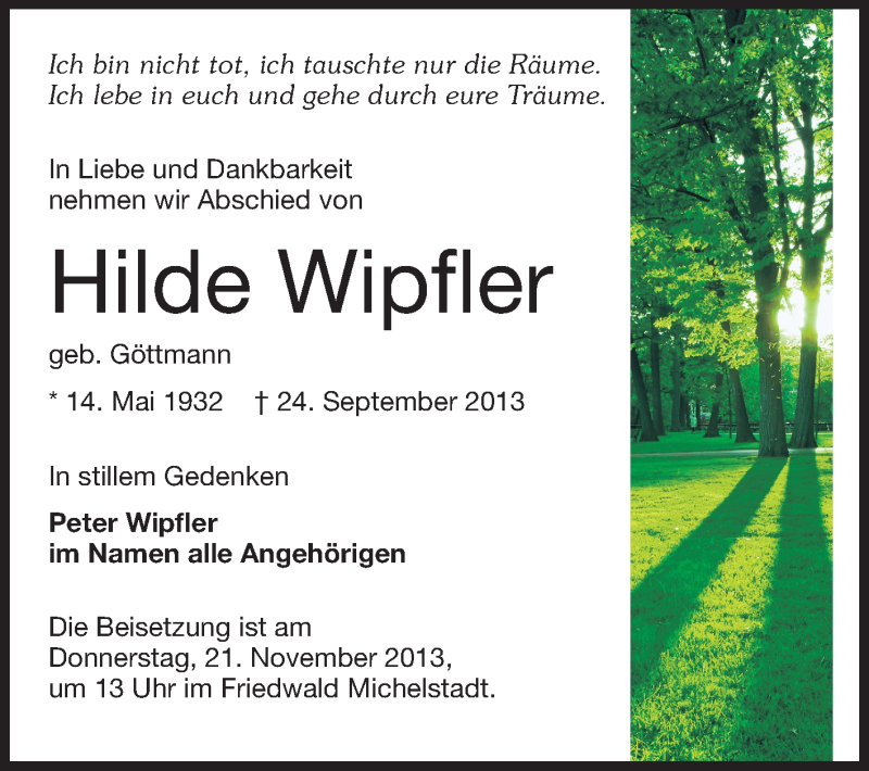  Traueranzeige für Hilde Wipfler vom 18.11.2013 aus Odenwälder Echo