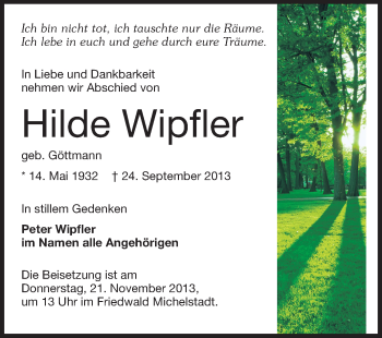 Traueranzeige von Hilde Wipfler von Odenwälder Echo
