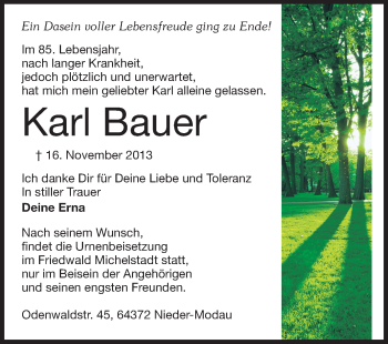 Traueranzeige von Karl Bauer von Echo-Zeitungen (Gesamtausgabe)