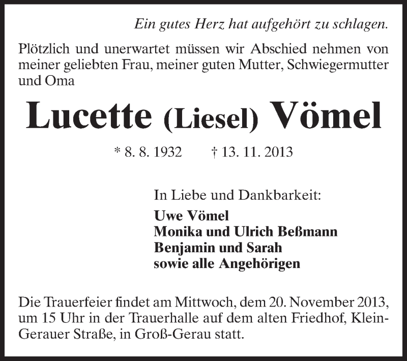 Traueranzeige für Lucette Vömel vom 18.11.2013 aus Rüsselsheimer Echo, Groß-Gerauer-Echo, Ried Echo