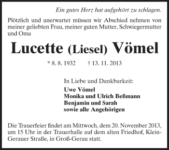 Traueranzeige von Lucette Vömel von Rüsselsheimer Echo, Groß-Gerauer-Echo, Ried Echo