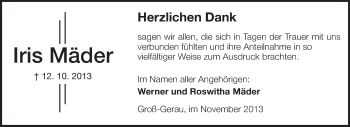 Traueranzeige von Iris Mäder von Rüsselsheimer Echo, Groß-Gerauer-Echo, Ried Echo