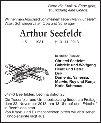 Traueranzeige von Arthur Seefeldt von Odenwälder Echo