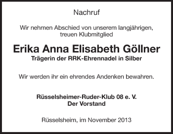 Traueranzeige von Erika Anna Elisabeth Göllner von Rüsselsheimer Echo, Groß-Gerauer-Echo, Ried Echo