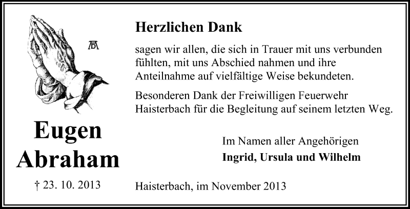  Traueranzeige für Eugen Abraham vom 20.11.2013 aus Odenwälder Echo