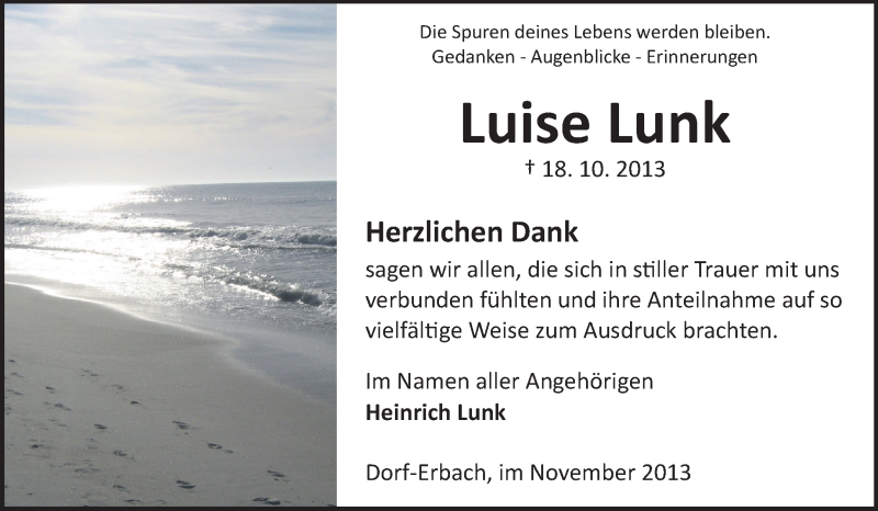  Traueranzeige für Luise Lunk vom 20.11.2013 aus Odenwälder Echo