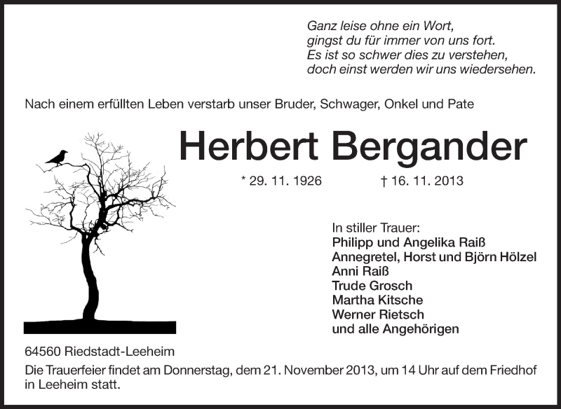  Traueranzeige für Herbert Bergander vom 19.11.2013 aus Echo-Zeitungen (Gesamtausgabe)