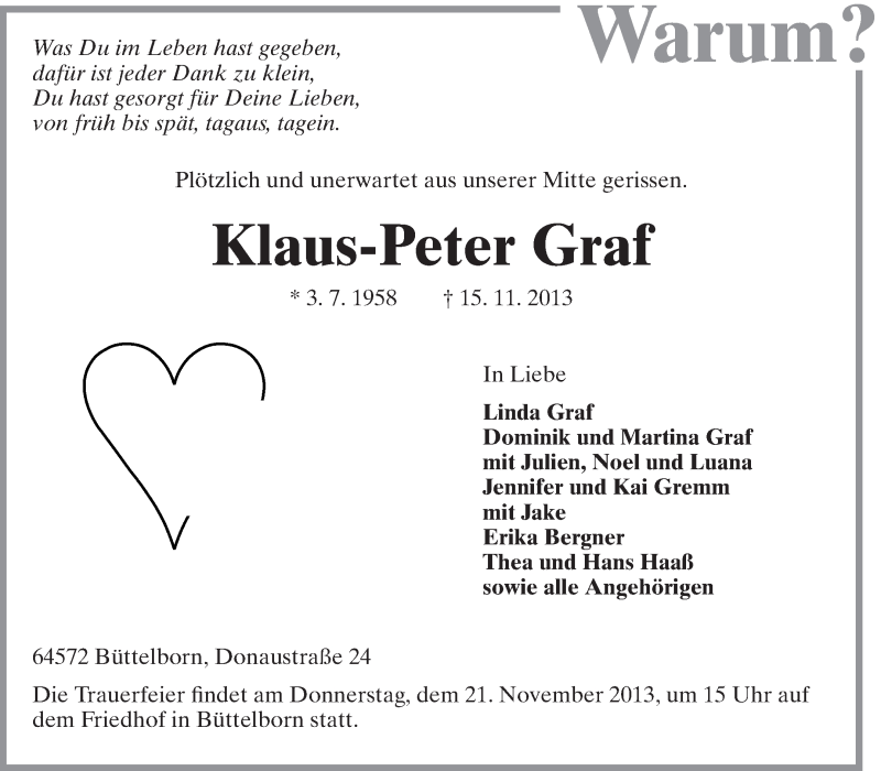  Traueranzeige für Klaus-Peter Graf vom 19.11.2013 aus Rüsselsheimer Echo, Groß-Gerauer-Echo, Ried Echo