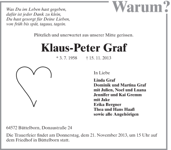 Traueranzeige von Klaus-Peter Graf von Rüsselsheimer Echo, Groß-Gerauer-Echo, Ried Echo