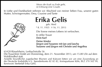 Traueranzeige von Erika Gelis von Rüsselsheimer Echo, Groß-Gerauer-Echo, Ried Echo