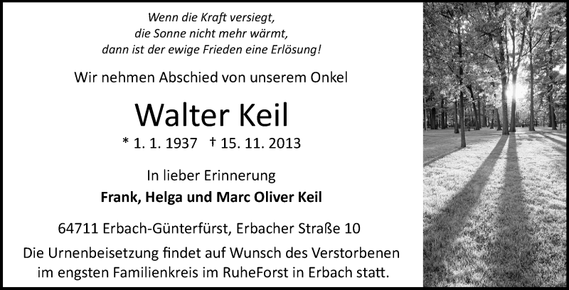  Traueranzeige für Walter Keil vom 19.11.2013 aus Odenwälder Echo