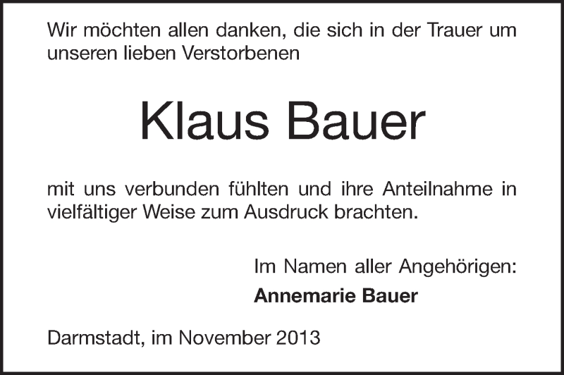  Traueranzeige für Klaus Bauer vom 23.11.2013 aus Echo-Zeitungen (Gesamtausgabe)