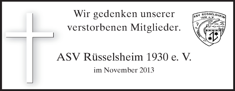  Traueranzeige für Gedenken ASV Rüsselsheim 1930 vom 19.11.2013 aus Rüsselsheimer Echo, Groß-Gerauer-Echo, Ried Echo
