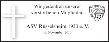 Traueranzeige von Gedenken ASV Rüsselsheim 1930 von Rüsselsheimer Echo, Groß-Gerauer-Echo, Ried Echo