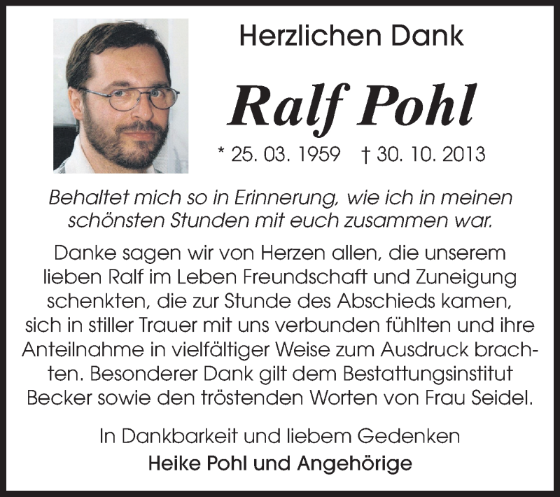  Traueranzeige für Ralf Pohl vom 20.11.2013 aus Rüsselsheimer Echo, Groß-Gerauer-Echo, Ried Echo