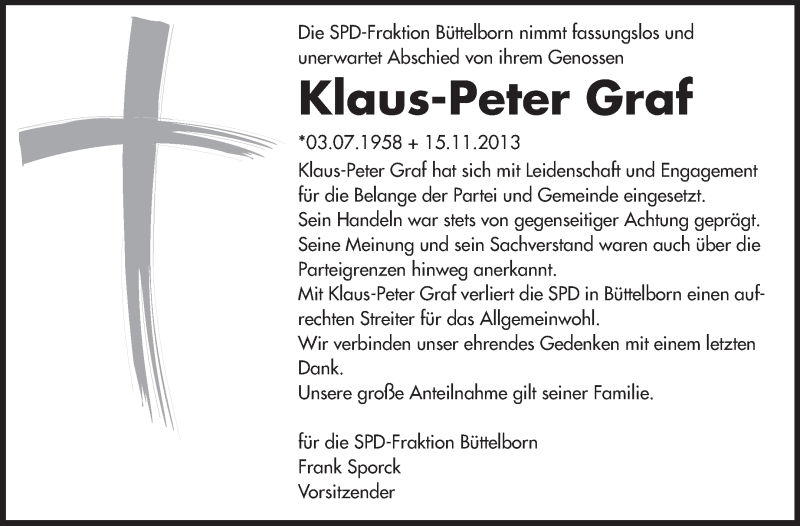  Traueranzeige für Klaus-Peter Graf vom 20.11.2013 aus Rüsselsheimer Echo, Groß-Gerauer-Echo, Ried Echo