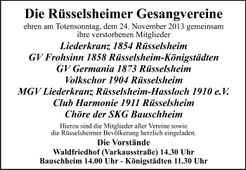Traueranzeige von Gedenken Rüsselsheimer Gesangvereine von Rüsselsheimer Echo, Groß-Gerauer-Echo, Ried Echo