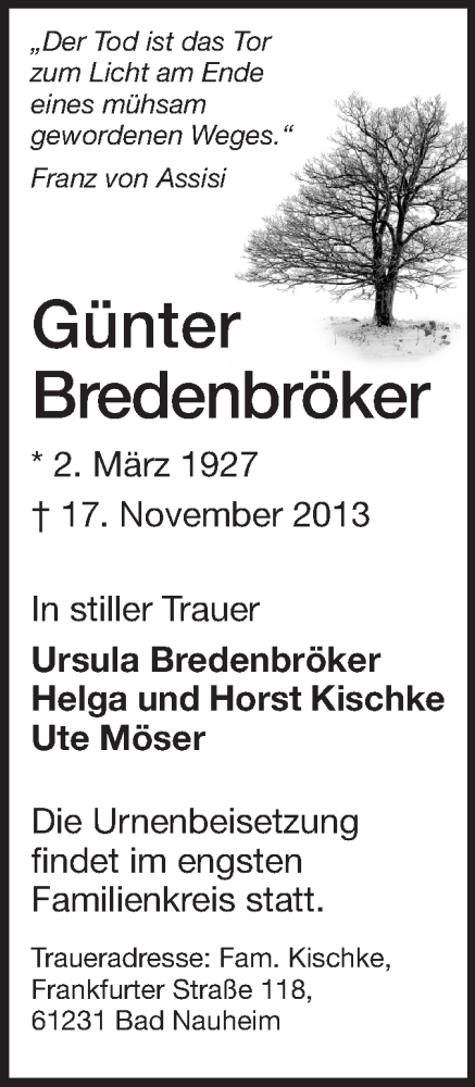  Traueranzeige für Günter Bredenbröker vom 23.11.2013 aus Echo-Zeitungen (Gesamtausgabe)