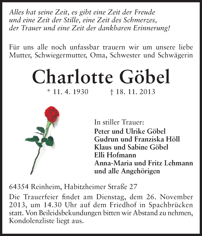  Traueranzeige für Charlotte Göbel vom 23.11.2013 aus Echo-Zeitungen (Gesamtausgabe)