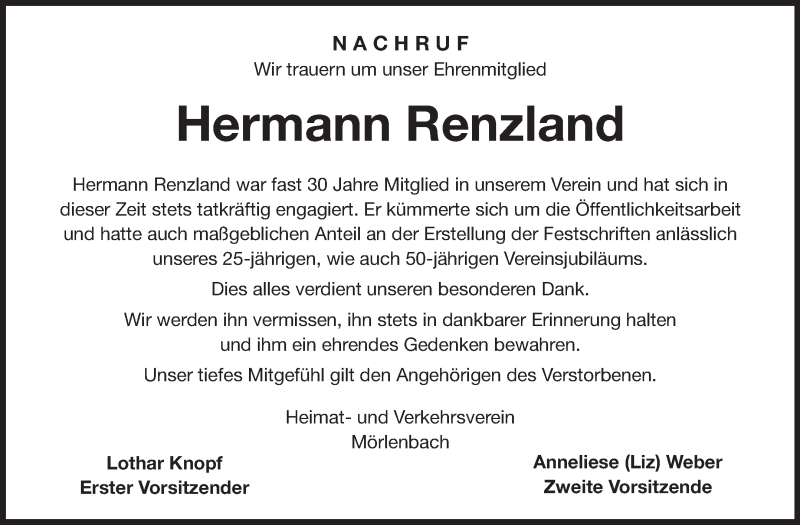  Traueranzeige für Hermann Renzland vom 20.11.2013 aus Starkenburger Echo