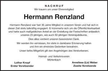 Traueranzeige von Hermann Renzland von Starkenburger Echo
