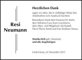 Traueranzeige von Resi Neumann von Rüsselsheimer Echo, Groß-Gerauer-Echo, Ried Echo