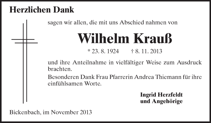  Traueranzeige für Wilhelm Krauß vom 23.11.2013 aus Echo-Zeitungen (Gesamtausgabe)