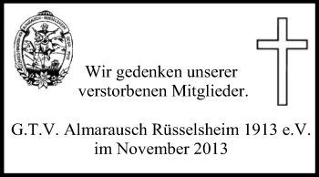 Traueranzeige von GTV Almarausch Rüsselsheim 1913 eV gedenkt von Rüsselsheimer Echo, Groß-Gerauer-Echo, Ried Echo