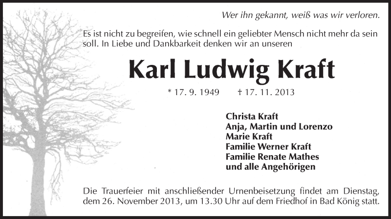  Traueranzeige für Karl Ludwig Kraft vom 23.11.2013 aus Odenwälder Echo