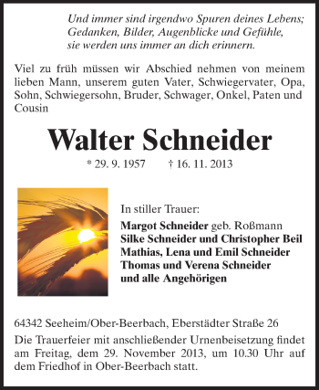 Traueranzeige von Walter Schneider  von Echo-Zeitungen (Gesamtausgabe)
