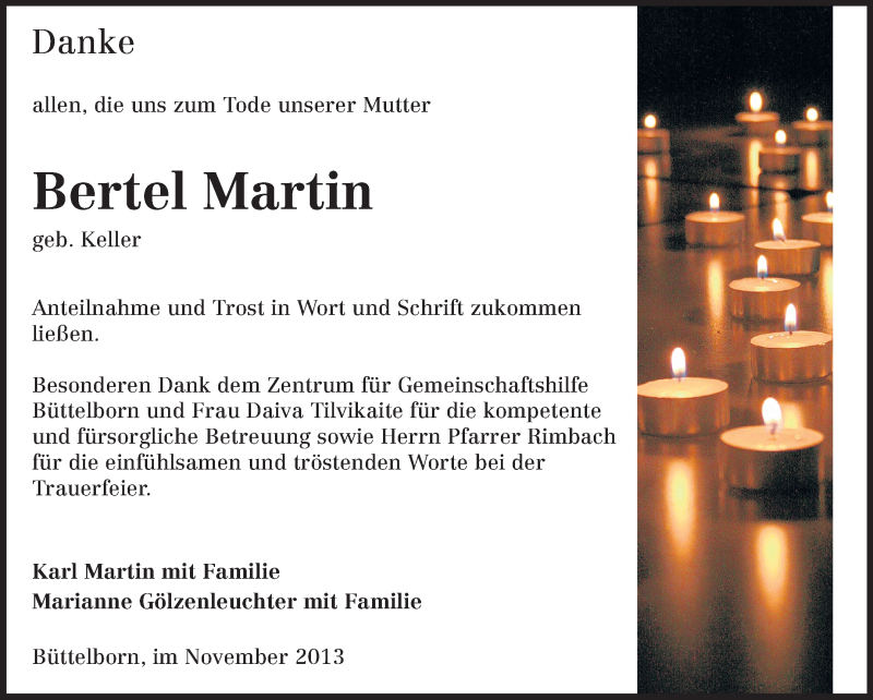  Traueranzeige für Bertel Martin vom 23.11.2013 aus Rüsselsheimer Echo, Groß-Gerauer-Echo, Ried Echo