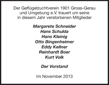 Traueranzeige von Der Geflügelzuchtverein 1901 Gross-Gerau trauert von Rüsselsheimer Echo, Groß-Gerauer-Echo, Ried Echo