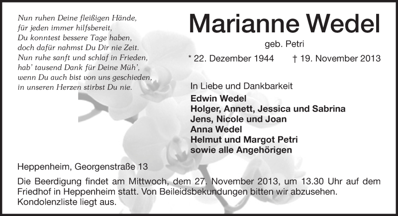  Traueranzeige für Marianne Wedel vom 22.11.2013 aus Echo-Zeitungen (Gesamtausgabe)