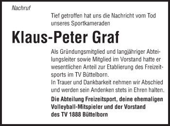 Traueranzeige von Klaus-Peter Graf von Rüsselsheimer Echo, Groß-Gerauer-Echo, Ried Echo