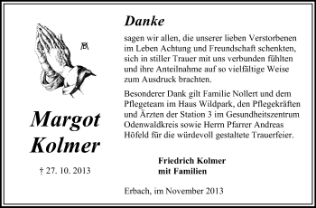 Traueranzeige von Margot Kolmer  von Odenwälder Echo