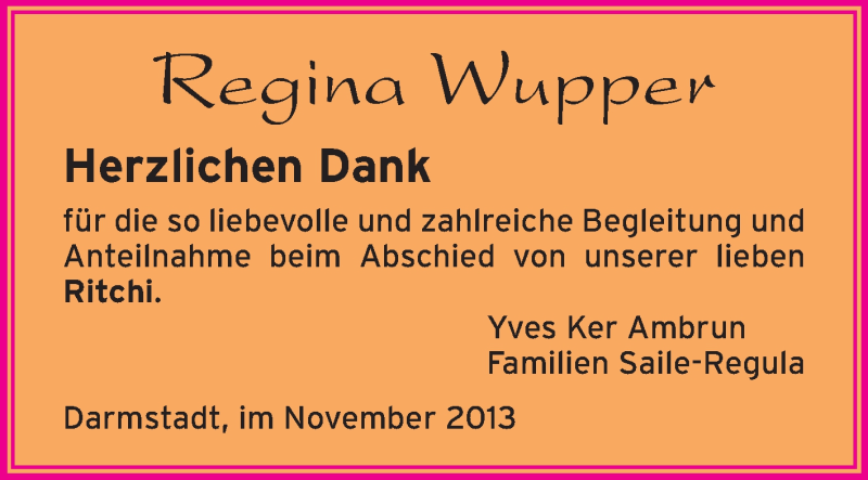  Traueranzeige für Regina Wupper vom 23.11.2013 aus Echo-Zeitungen (Gesamtausgabe)