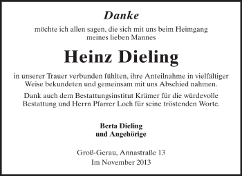 Traueranzeige von Heinz Dieling von Rüsselsheimer Echo, Groß-Gerauer-Echo, Ried Echo