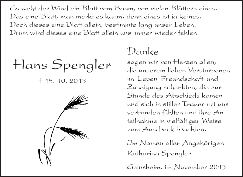  Traueranzeige für Hans Spengler vom 23.11.2013 aus Rüsselsheimer Echo, Groß-Gerauer-Echo, Ried Echo