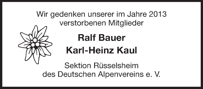  Traueranzeige für Sektion Rüsselsheim des Deutschen Alpenvereins ev gedenken vom 23.11.2013 aus Rüsselsheimer Echo, Groß-Gerauer-Echo, Ried Echo