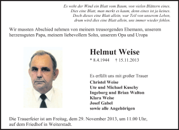 Traueranzeige von Helmut Weise von Echo-Zeitungen (Gesamtausgabe)