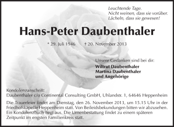 Traueranzeige von Hans-Peter Daubenthaler von Starkenburger Echo