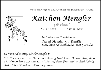 Traueranzeige von Kätchen Mengler von Odenwälder Echo