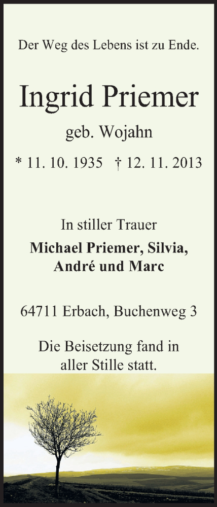 Traueranzeige für Ingrid Priemer vom 23.11.2013 aus Odenwälder Echo