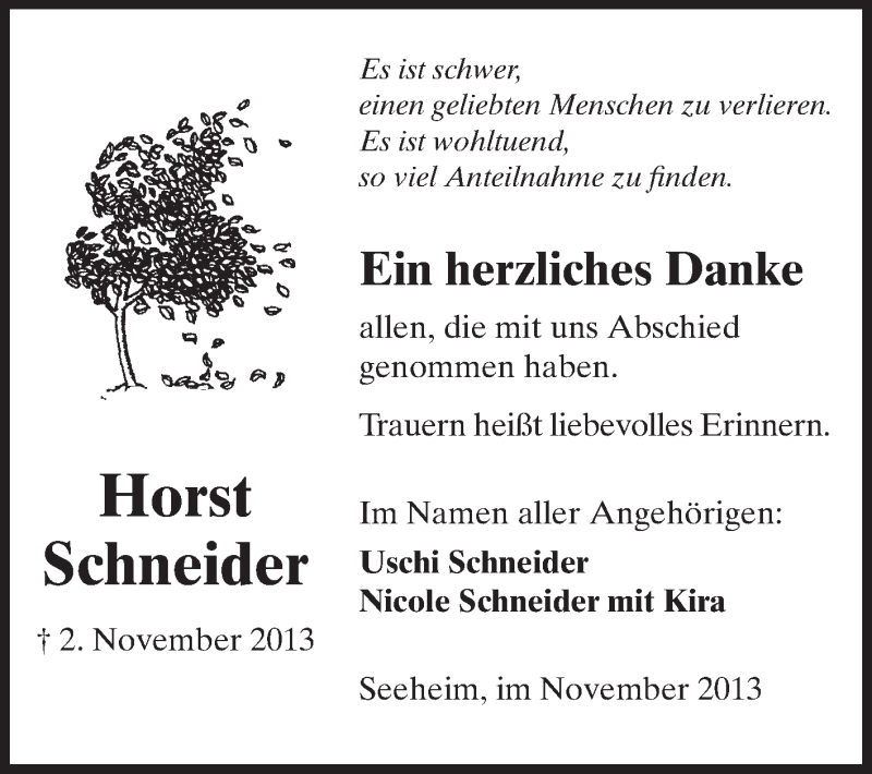  Traueranzeige für Horst Schneider vom 23.11.2013 aus Echo-Zeitungen (Gesamtausgabe)