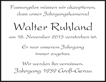 Traueranzeige von Walter Ruhland von Rüsselsheimer Echo, Groß-Gerauer-Echo, Ried Echo
